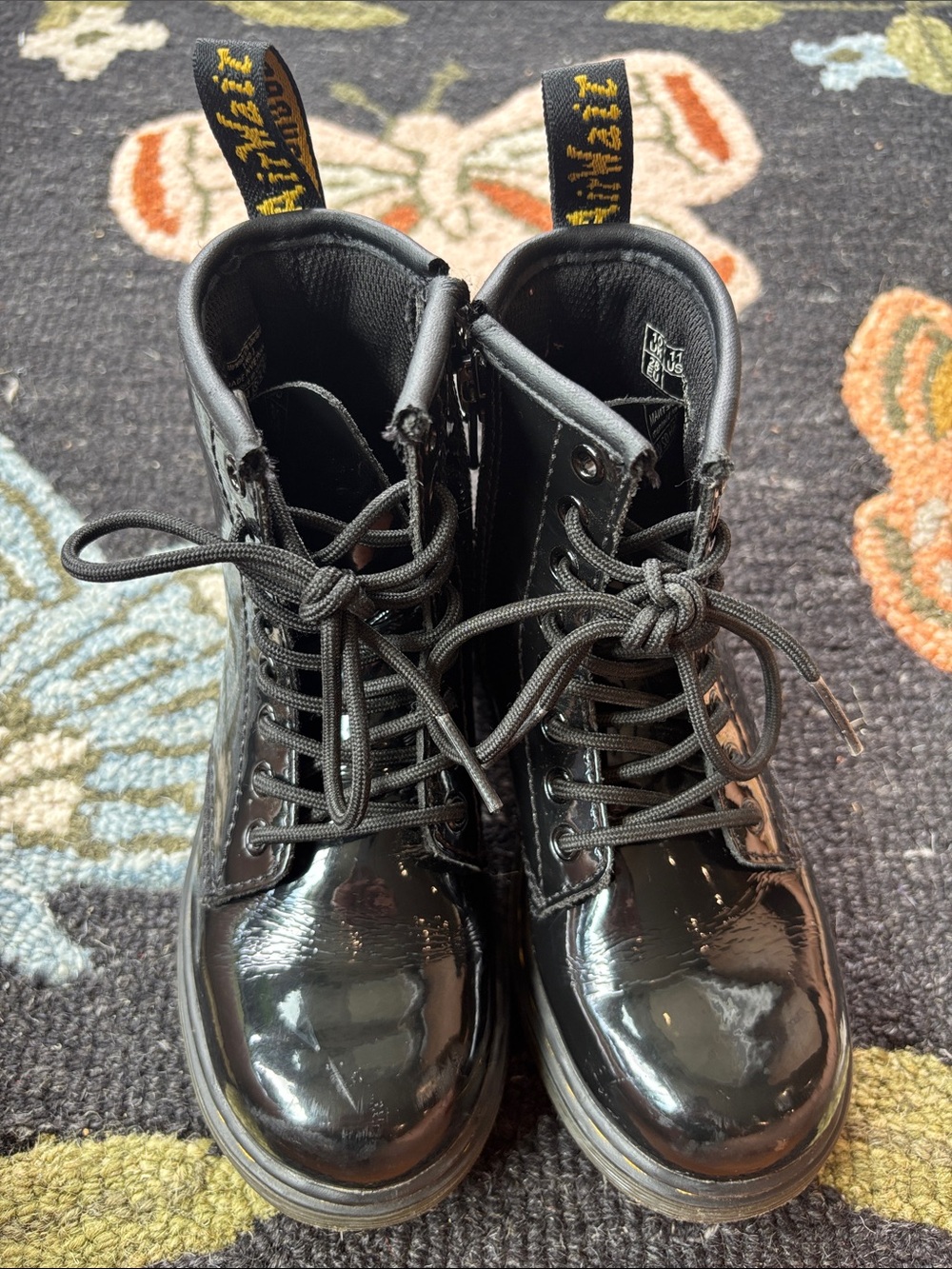 Dr. Martens Black Patent Lace-Up Boots with Yellow Sole Stitching